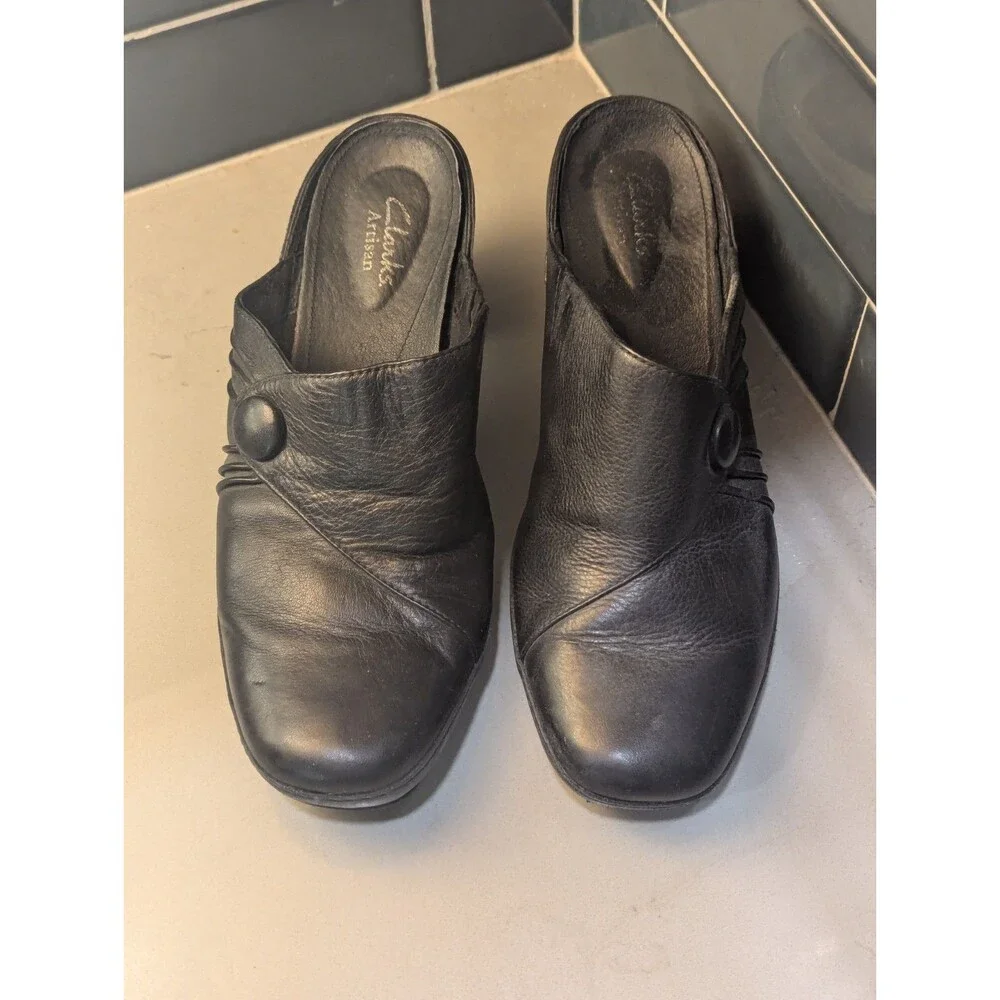 Clarks‎ Artisan Solid Black Leather Mule Diamond Trust Clogs Sz 8.5